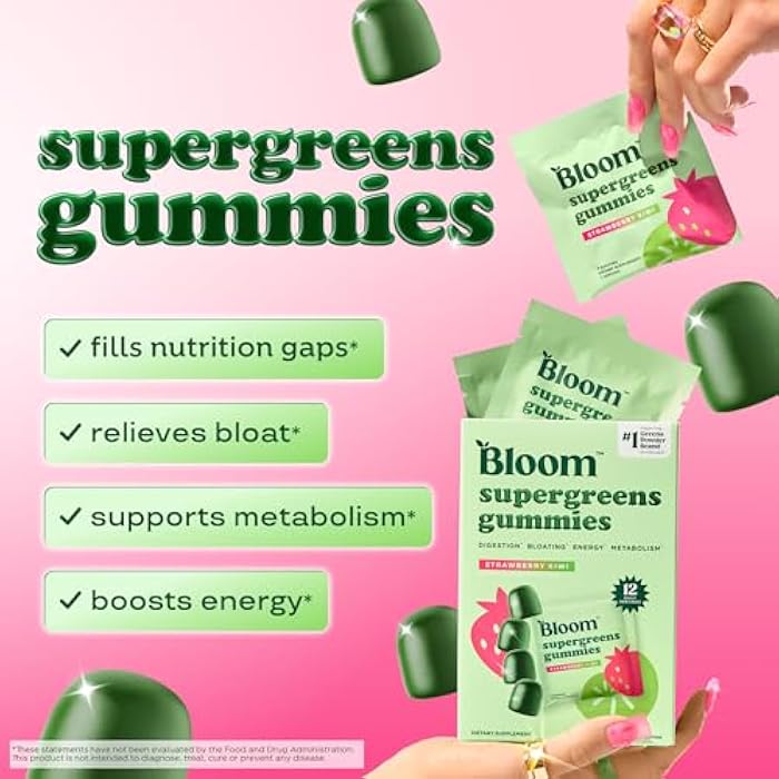 Bloom Nutrition Bloom Super Greens Gummies, Daily Greens Superfood Fiber Gummies with Fruits, Vegetables, Vitamins & Minerals for Digestive & Gut Health, Bloating Support, Strawberry Kiwi, 12 Servings (48 Total) - Image 2