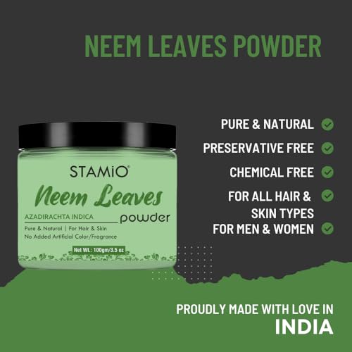STAMIO Neem Leaves Powder 100 gm for Face Pack, Skin Care, Hair Mask, Plants, Acne, Pimples | Sun Dried Natural Azadirachta Indica | Suitable For All Skin Types Men & Women use | In Jar 3.53 oz - Image 2