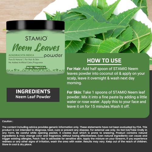 STAMIO Neem Leaves Powder 100 gm for Face Pack, Skin Care, Hair Mask, Plants, Acne, Pimples | Sun Dried Natural Azadirachta Indica | Suitable For All Skin Types Men & Women use | In Jar 3.53 oz - Image 3