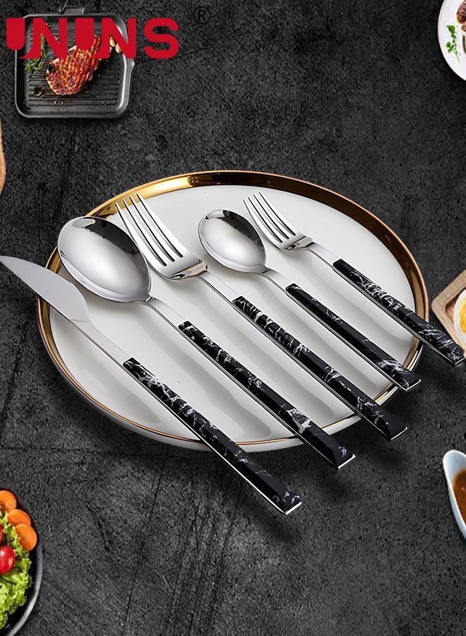 UNUNS 5-Piece Cutlery Set,Stainless Steel Silverware Set With Marble Textured Handle,Includes Knife Fork Spoon For Home Picnic - Image 1