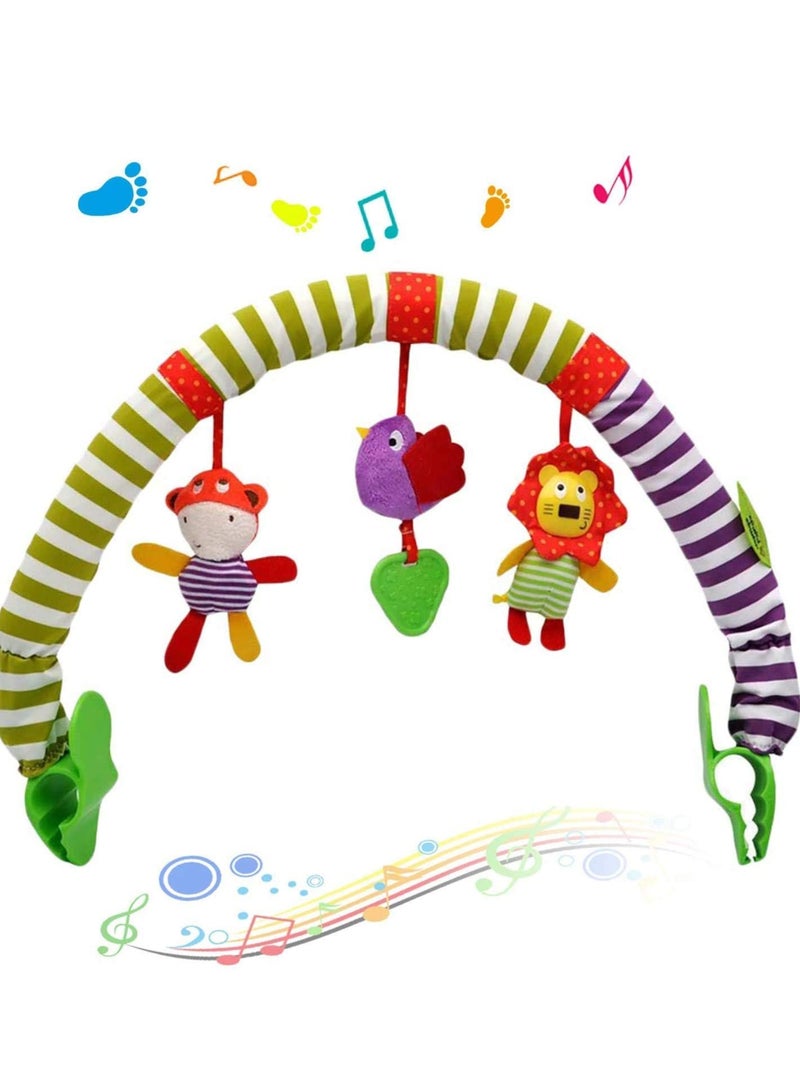 Soft Plush Animal Hanging Toys for Baby Stroller and Crib Zebra, Lion, Monkey Activity Bar with Squeak and Rattle Teether - Image 1