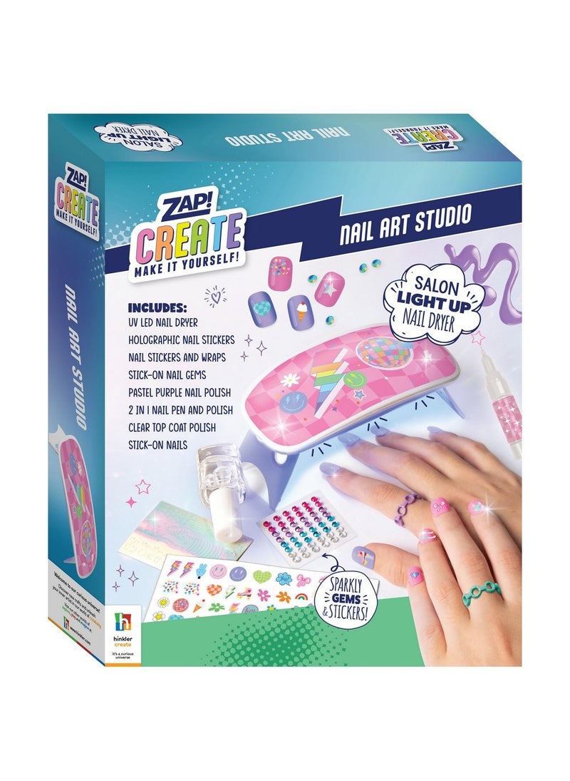 Hinkler Zap Create Nail Art Studio Kit - DIY Nail Art Set for Kids includes UV LED nail dryer, holographic nail stickers, nail stickers and wraps, STICK-ON nail gems, and nail polishes, Fun Nail Decorating Activities, Creative Nail Designs, Gift for Young Fashionistas - Image 1