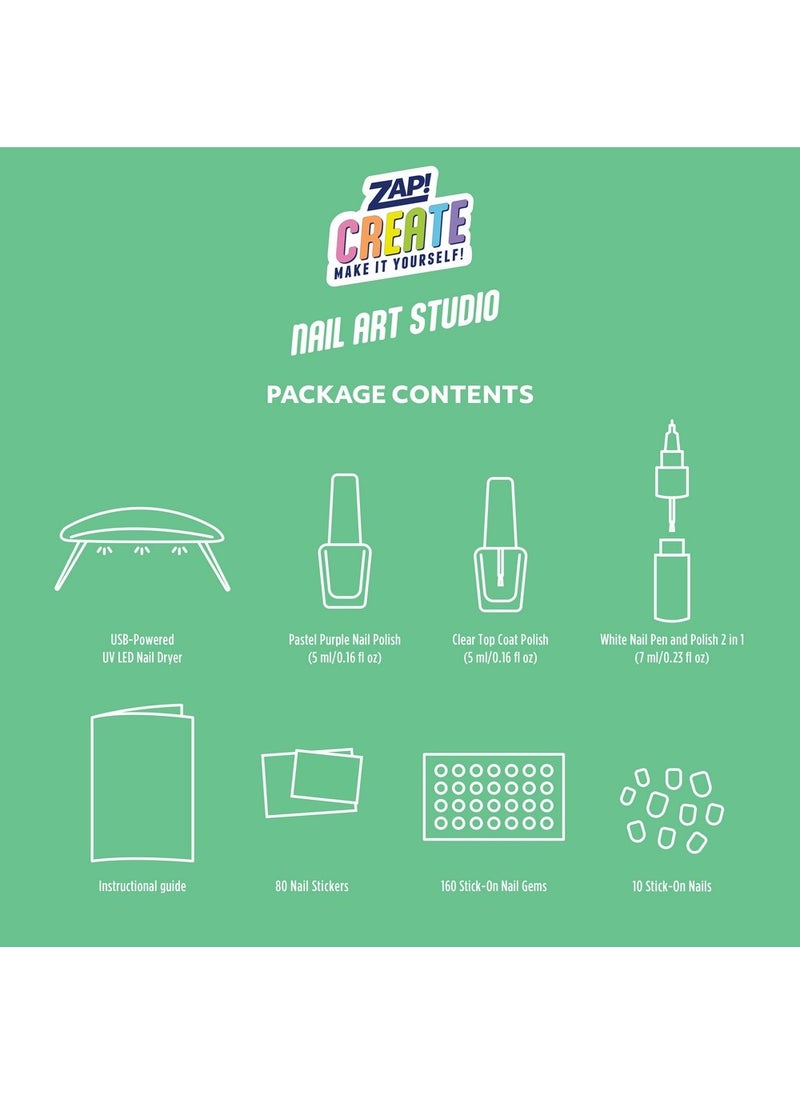 Hinkler Zap Create Nail Art Studio Kit - DIY Nail Art Set for Kids includes UV LED nail dryer, holographic nail stickers, nail stickers and wraps, STICK-ON nail gems, and nail polishes, Fun Nail Decorating Activities, Creative Nail Designs, Gift for Young Fashionistas - Image 2