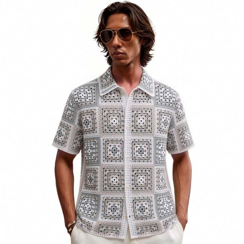 Men's Retro Plaid Knit Polo Shirt, Short Sleeve, Cutwork, Light Grey - Image 1