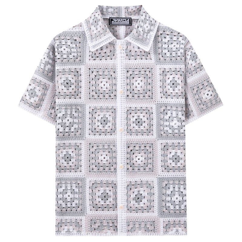 Men's Retro Plaid Knit Polo Shirt, Short Sleeve, Cutwork, Light Grey - Image 2