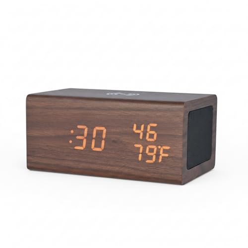 Niyam Multifunctional Luxury Business Gift Wooden Digital Alarm Clock with Wireless Charging, Bluetooth Speaker, Temperature, Humidity (Wooden Bluetooth) - Image 1
