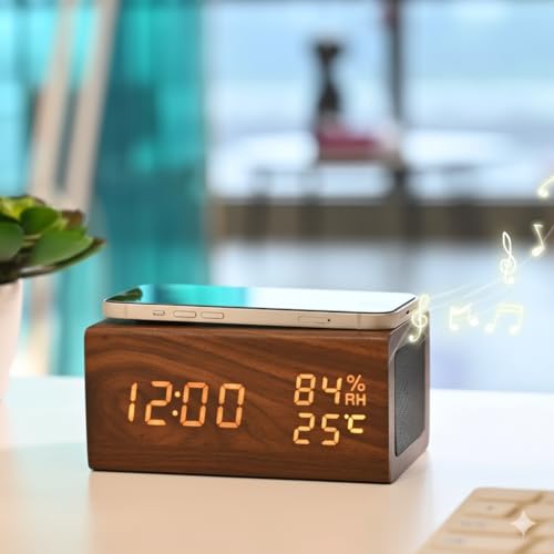 Niyam Multifunctional Luxury Business Gift Wooden Digital Alarm Clock with Wireless Charging, Bluetooth Speaker, Temperature, Humidity (Wooden Bluetooth) - Image 4