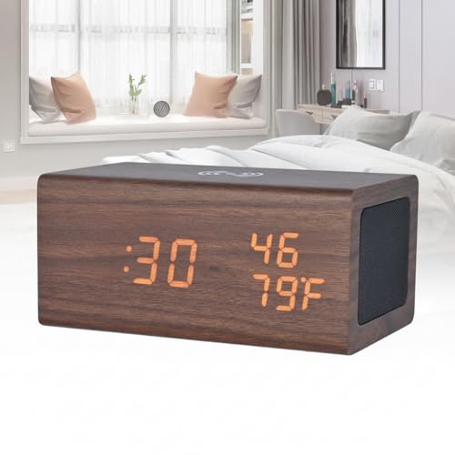 Niyam Multifunctional Luxury Business Gift Wooden Digital Alarm Clock with Wireless Charging, Bluetooth Speaker, Temperature, Humidity (Wooden Bluetooth) - Image 2