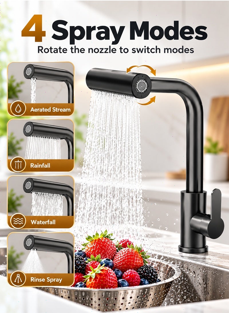 Topyich Waterfall Kitchen Sink Tap with Pull Out Sprayer, 360° Swivel & Single Handle Matte Black Kitchen Faucet 4 Modes, Modern Stainless Steel 1 Hole Sink Mixer - Image 3