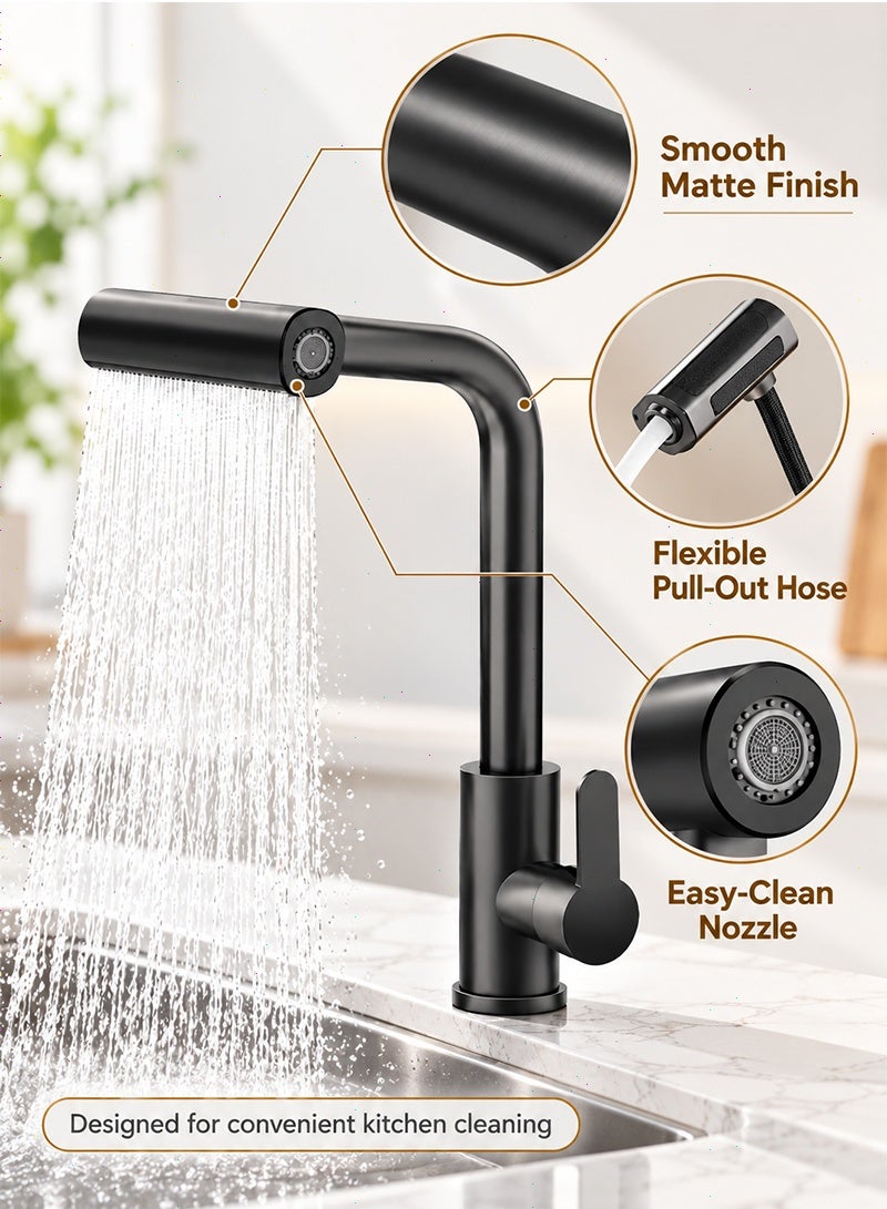 Topyich Waterfall Kitchen Sink Tap with Pull Out Sprayer, 360° Swivel & Single Handle Matte Black Kitchen Faucet 4 Modes, Modern Stainless Steel 1 Hole Sink Mixer - Image 4