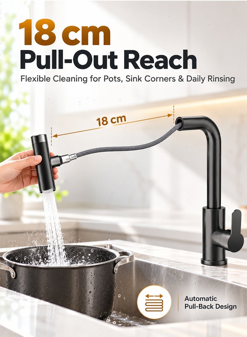 Topyich Waterfall Kitchen Sink Tap with Pull Out Sprayer, 360° Swivel & Single Handle Matte Black Kitchen Faucet 4 Modes, Modern Stainless Steel 1 Hole Sink Mixer - Image 2