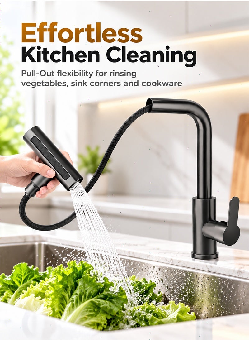 Topyich Waterfall Kitchen Sink Tap with Pull Out Sprayer, 360° Swivel & Single Handle Matte Black Kitchen Faucet 4 Modes, Modern Stainless Steel 1 Hole Sink Mixer - Image 5