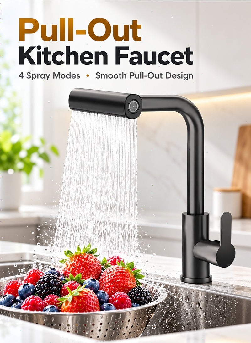 Topyich Waterfall Kitchen Sink Tap with Pull Out Sprayer, 360° Swivel & Single Handle Matte Black Kitchen Faucet 4 Modes, Modern Stainless Steel 1 Hole Sink Mixer - Image 1