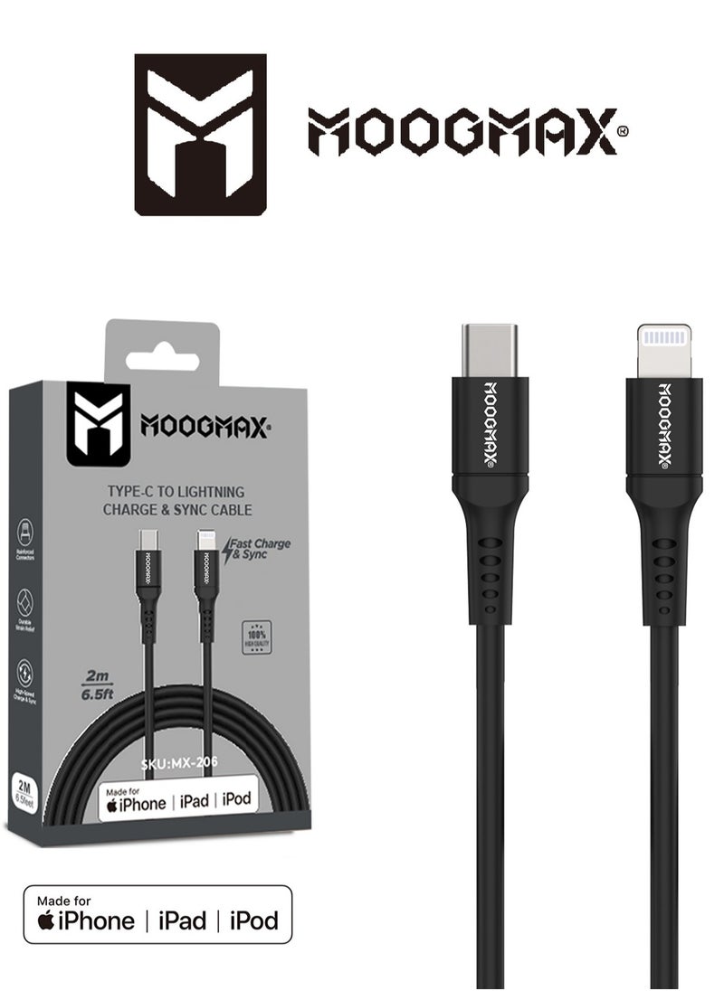MOOGMAX - IPhone (lightning) to Type-C Cable Certified by Apple (MFI), 2Meters, supports fast charging (PD) and holding high temperatures. Black from Moogmax - Image 1