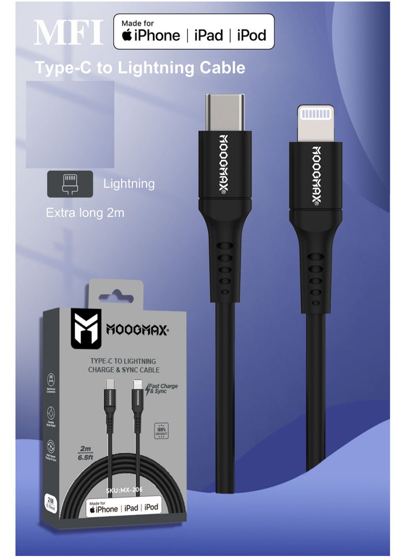 MOOGMAX - IPhone (lightning) to Type-C Cable Certified by Apple (MFI), 2Meters, supports fast charging (PD) and holding high temperatures. Black from Moogmax - Image 1