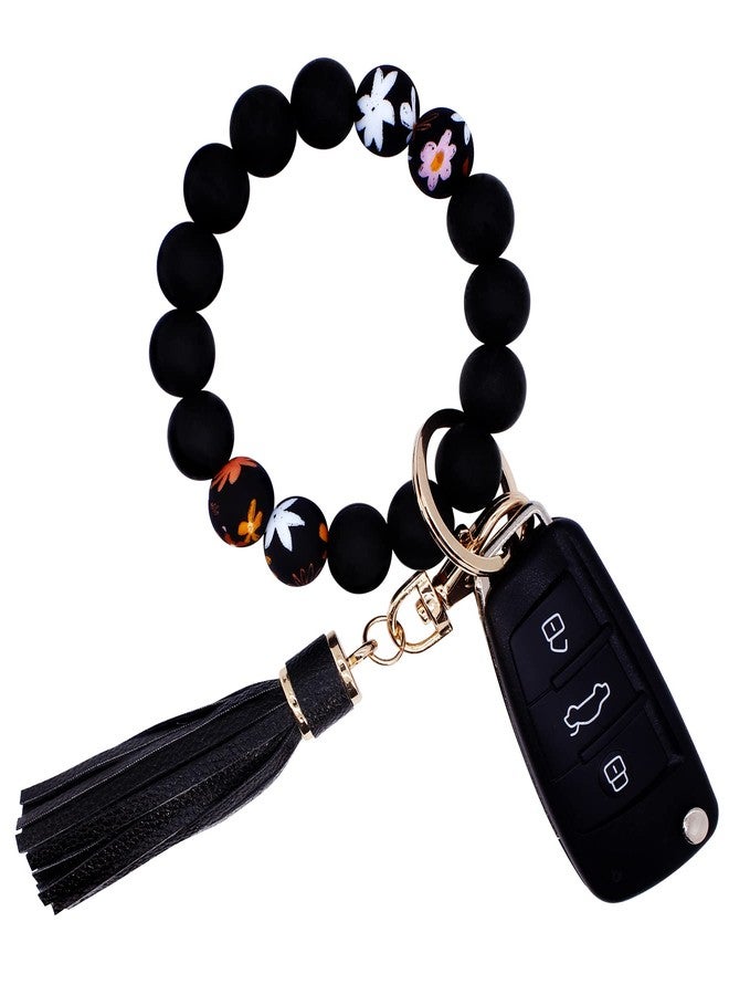 BIHRTC Key Ring Bracelet Car Keychain Holder Wristlet Silicone Women Beaded Bangle Chains, Flowers Demon Eye, 2.5 inch - Image 1
