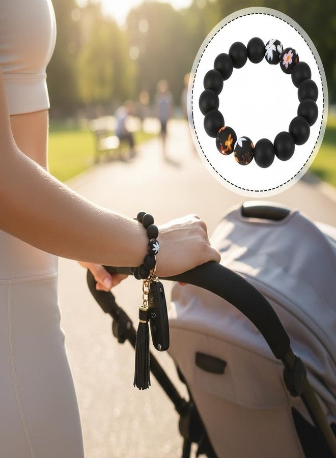 BIHRTC Key Ring Bracelet Car Keychain Holder Wristlet Silicone Women Beaded Bangle Chains, Flowers Demon Eye, 2.5 inch - Image 5