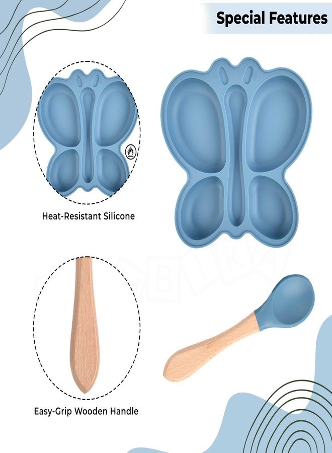Bembika Baby Feeding Essential Baby Dinner Set Silicone Tableware Set for Baby Infant Training Eating Utensils Butterfly Design - (Pack of 2)(Blue) - Image 5