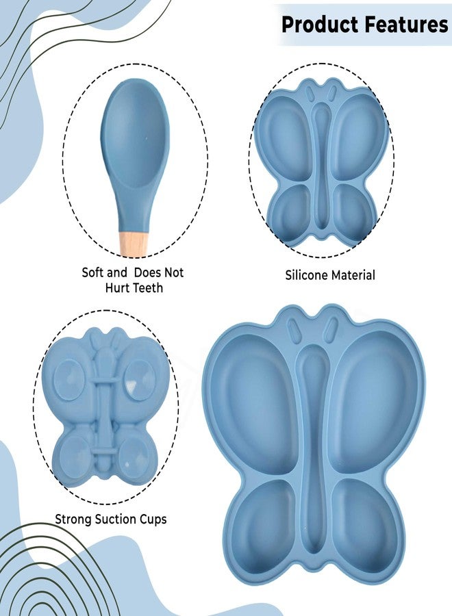 Bembika Baby Feeding Essential Baby Dinner Set Silicone Tableware Set for Baby Infant Training Eating Utensils Butterfly Design - (Pack of 2)(Blue) - Image 4
