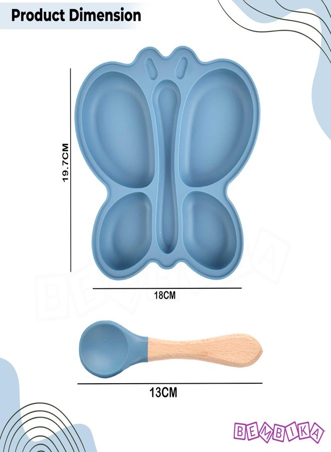 Bembika Baby Feeding Essential Baby Dinner Set Silicone Tableware Set for Baby Infant Training Eating Utensils Butterfly Design - (Pack of 2)(Blue) - Image 3