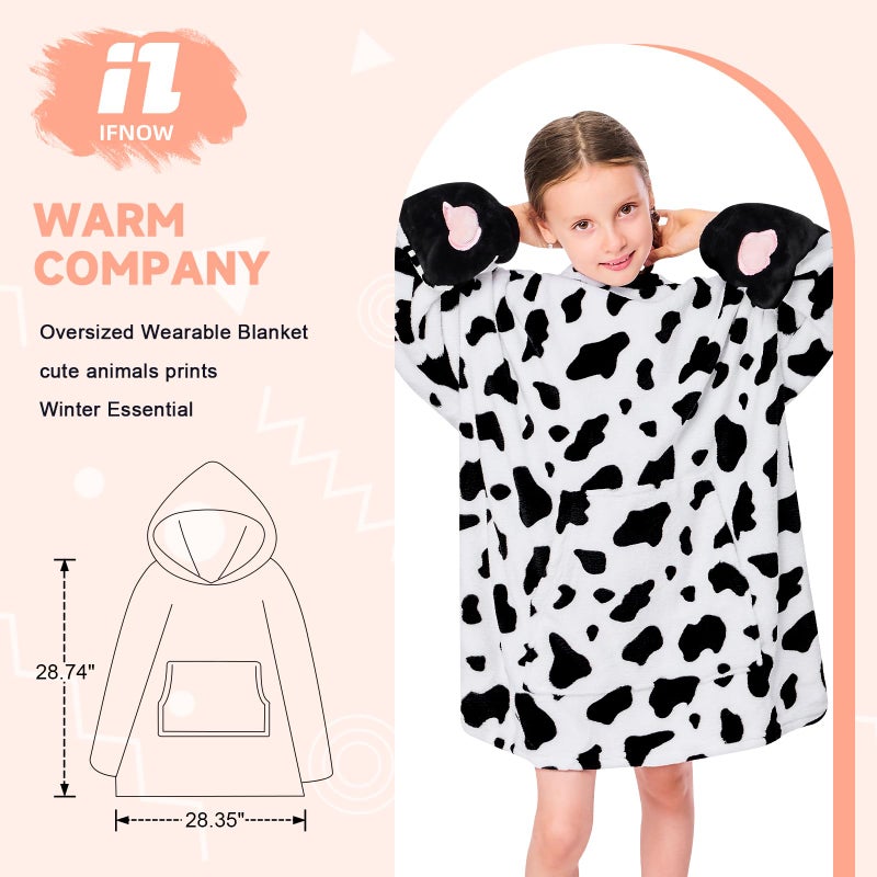 IFNOW Wearable Blanket Hoodie for Kids  Oversized Warm Cozy Teen Blanket Sweatshirt Animal Hoodie with Portable Foldable Blanket Pillow for Boys Girls  Cuffs with Animal Embroidery  (5-15 Years) Cow - Image 3