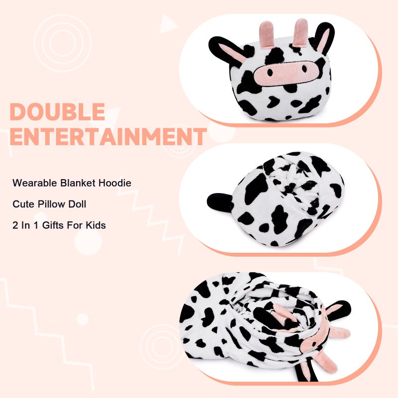 IFNOW Wearable Blanket Hoodie for Kids  Oversized Warm Cozy Teen Blanket Sweatshirt Animal Hoodie with Portable Foldable Blanket Pillow for Boys Girls  Cuffs with Animal Embroidery  (5-15 Years) Cow - Image 4