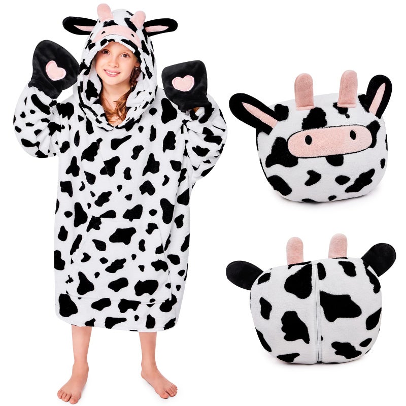IFNOW Wearable Blanket Hoodie for Kids  Oversized Warm Cozy Teen Blanket Sweatshirt Animal Hoodie with Portable Foldable Blanket Pillow for Boys Girls  Cuffs with Animal Embroidery  (5-15 Years) Cow - Image 1