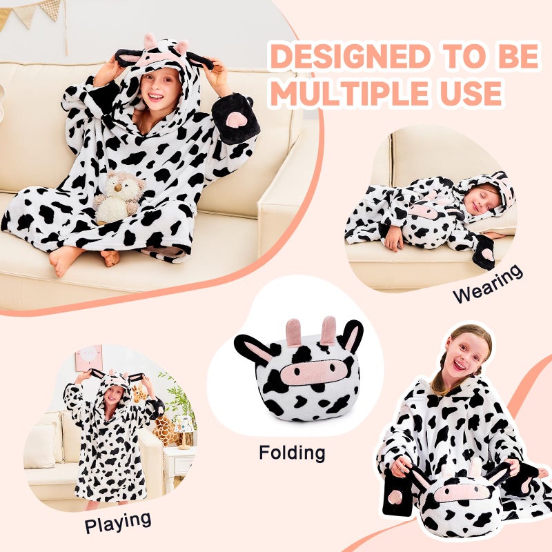 IFNOW Wearable Blanket Hoodie for Kids  Oversized Warm Cozy Teen Blanket Sweatshirt Animal Hoodie with Portable Foldable Blanket Pillow for Boys Girls  Cuffs with Animal Embroidery  (5-15 Years) Cow - Image 5