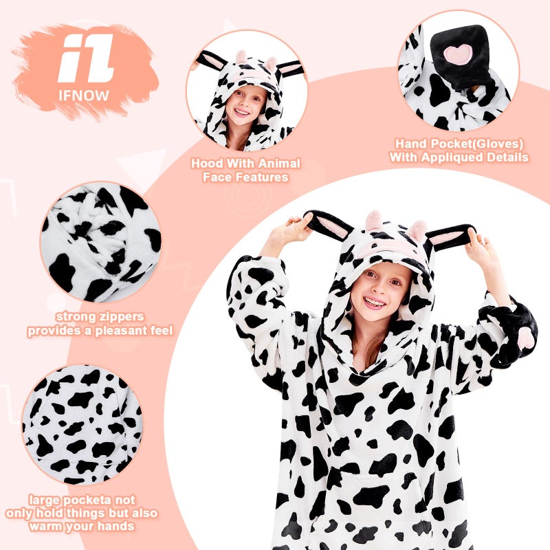 IFNOW Wearable Blanket Hoodie for Kids  Oversized Warm Cozy Teen Blanket Sweatshirt Animal Hoodie with Portable Foldable Blanket Pillow for Boys Girls  Cuffs with Animal Embroidery  (5-15 Years) Cow - Image 2