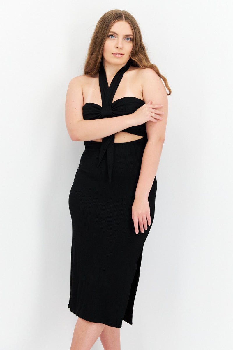 Endless Blu Women Ribbed Midi Dress, Black - Image 2