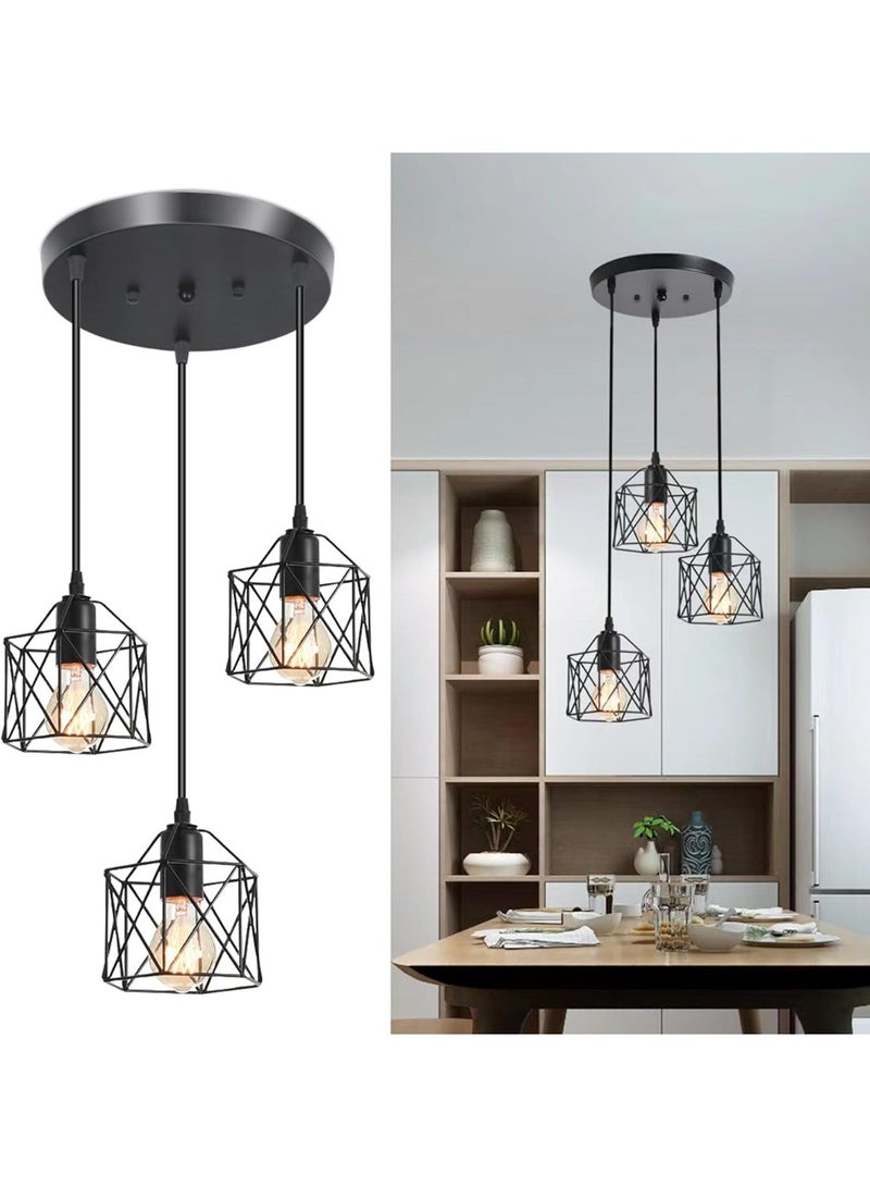 HI-FINE 3-Light Pendant Light Fixtures, Farmhouse Hanging Pendant Lighting, Dining Room Chandelier, Industrial Kitchen Island Hanging Light Fixture, Black Metal Cage Pendant Ceiling Lamp for Kitchen - Image 1