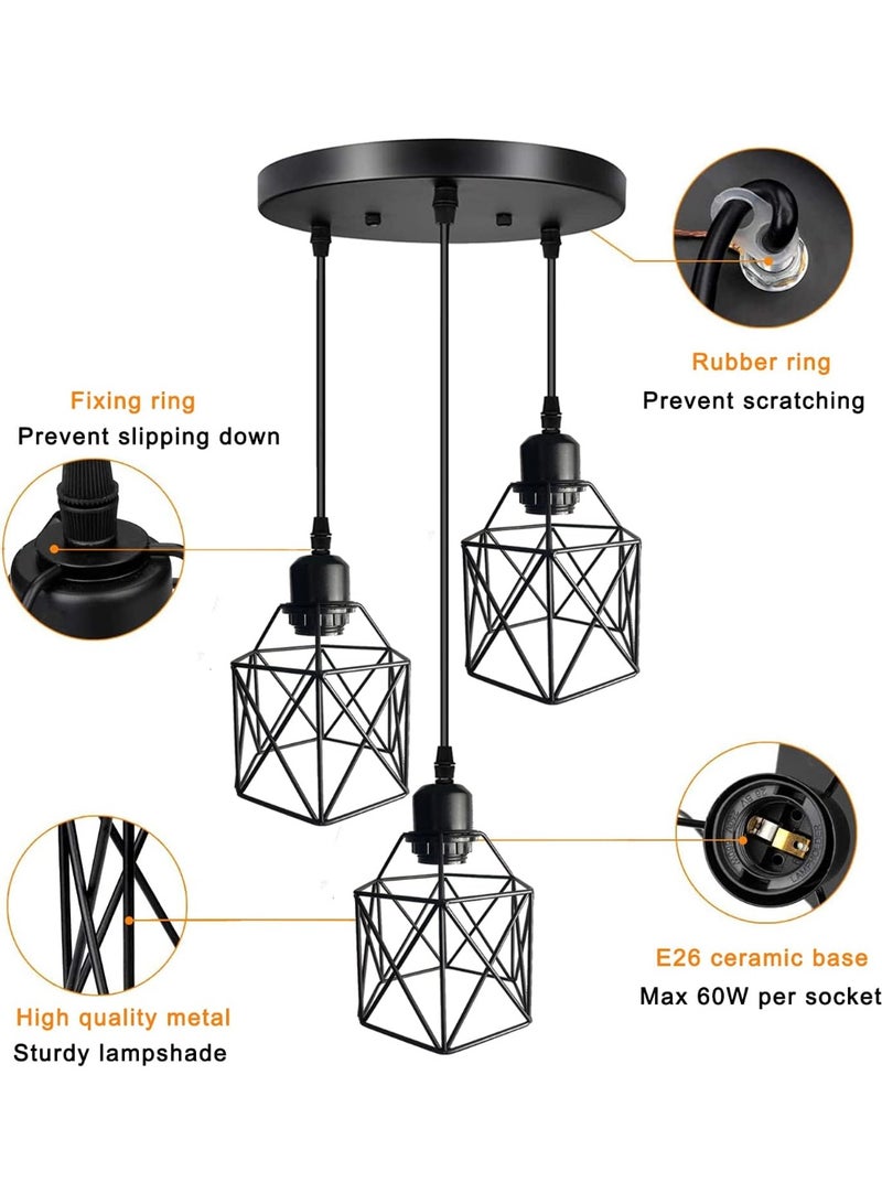 HI-FINE 3-Light Pendant Light Fixtures, Farmhouse Hanging Pendant Lighting, Dining Room Chandelier, Industrial Kitchen Island Hanging Light Fixture, Black Metal Cage Pendant Ceiling Lamp for Kitchen - Image 3