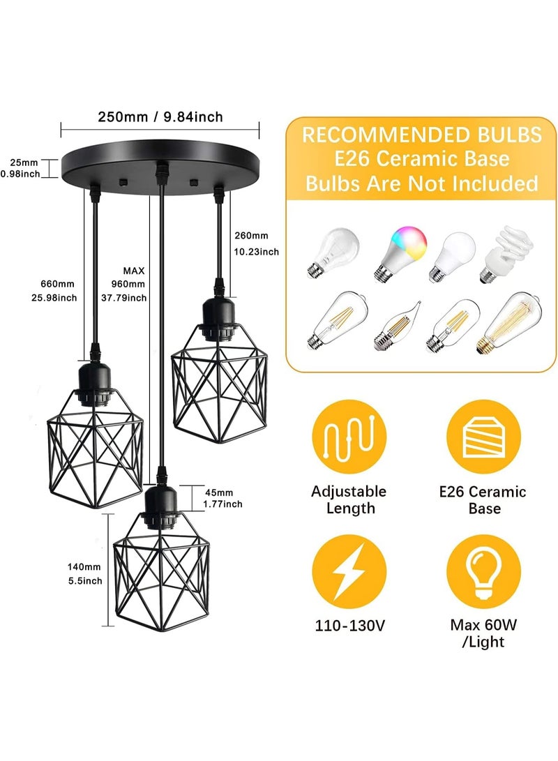 HI-FINE 3-Light Pendant Light Fixtures, Farmhouse Hanging Pendant Lighting, Dining Room Chandelier, Industrial Kitchen Island Hanging Light Fixture, Black Metal Cage Pendant Ceiling Lamp for Kitchen - Image 2