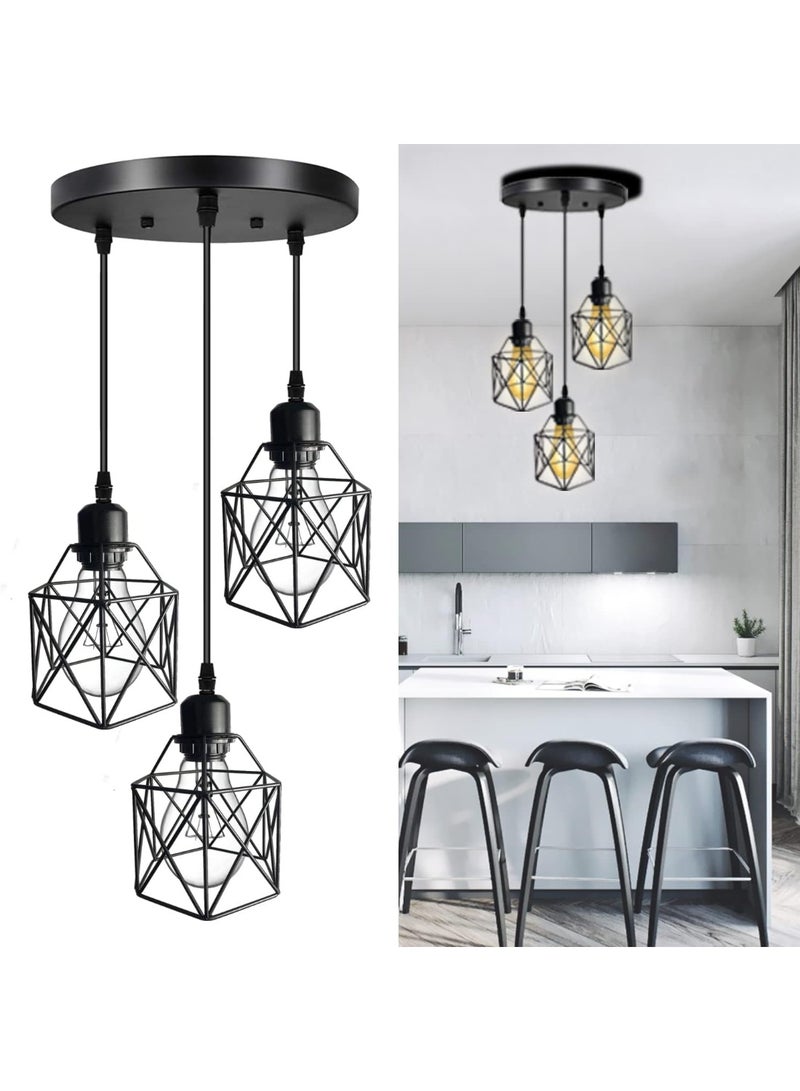 HI-FINE 3-Light Pendant Light Fixtures, Farmhouse Hanging Pendant Lighting, Dining Room Chandelier, Industrial Kitchen Island Hanging Light Fixture, Black Metal Cage Pendant Ceiling Lamp for Kitchen - Image 4