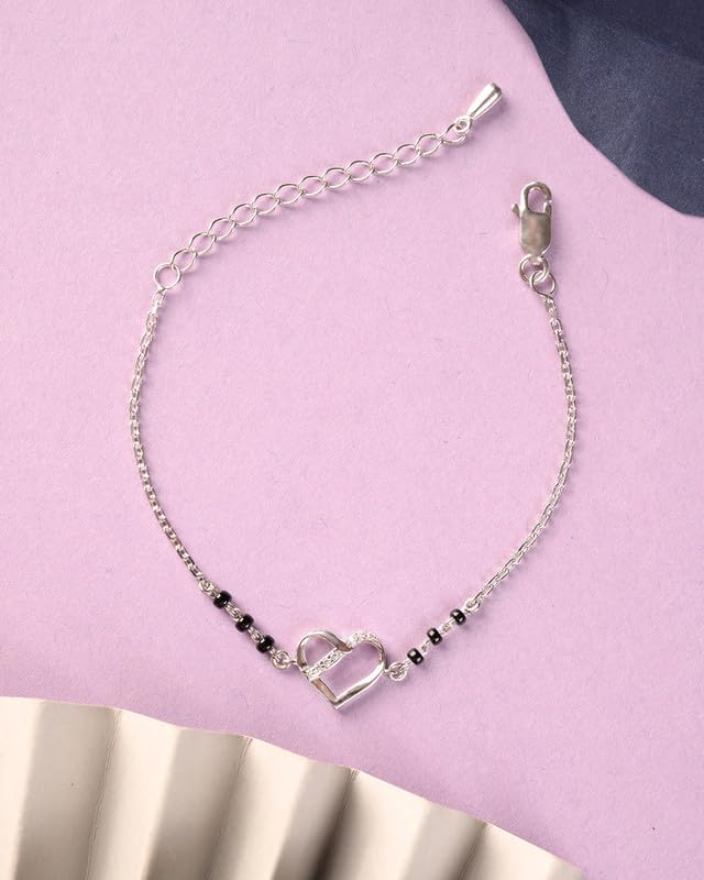Clara 925 Sterling Silver Jivika Heart Hand Mangalsutra Adjustable Bracelet With Black Beads Chain | Platinum Plated, Swiss Zirconia | Gift For Women - Image 2