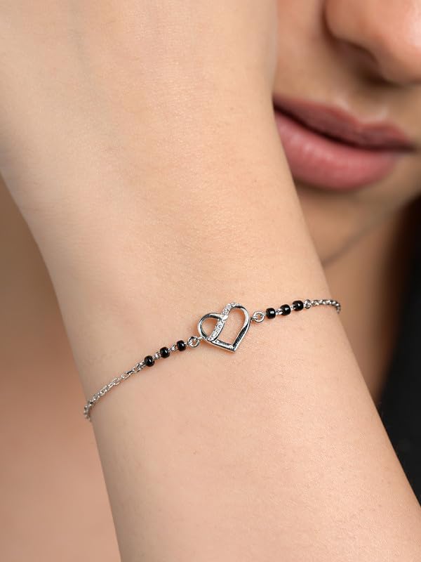 Clara 925 Sterling Silver Jivika Heart Hand Mangalsutra Adjustable Bracelet With Black Beads Chain | Platinum Plated, Swiss Zirconia | Gift For Women - Image 4