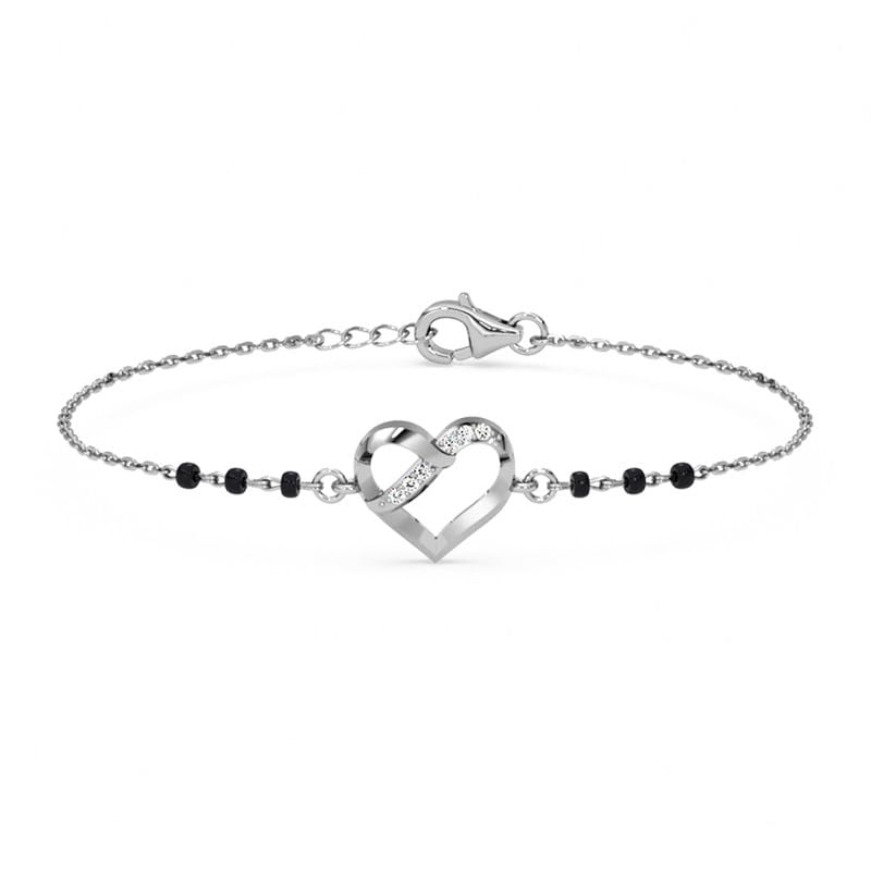 Clara 925 Sterling Silver Jivika Heart Hand Mangalsutra Adjustable Bracelet With Black Beads Chain | Platinum Plated, Swiss Zirconia | Gift For Women - Image 1