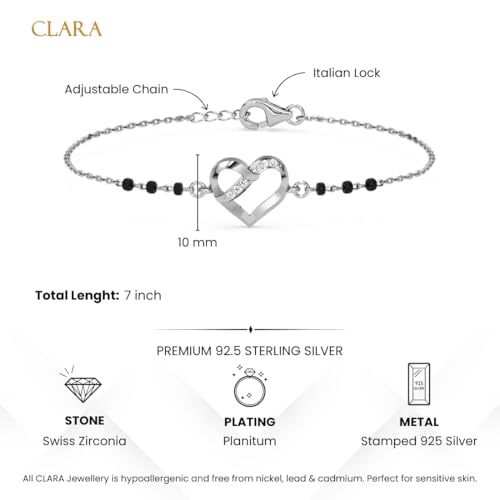 Clara 925 Sterling Silver Jivika Heart Hand Mangalsutra Adjustable Bracelet With Black Beads Chain | Platinum Plated, Swiss Zirconia | Gift For Women - Image 5
