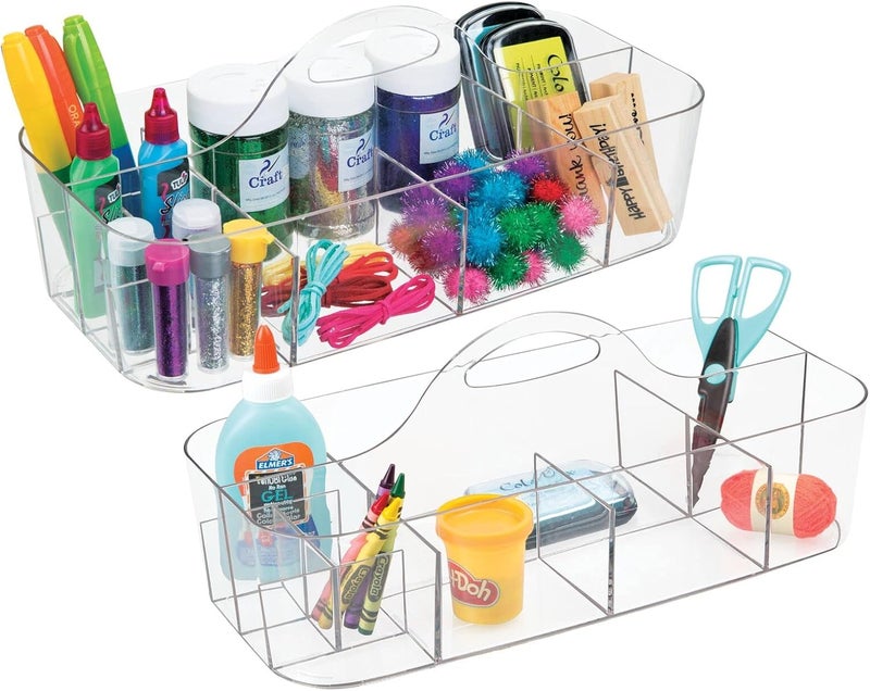 mDesign Plastic Divided Art and Craft Storage Organizer Caddy Tote Bin with Handle for Home Office and Living Room - Holds Pencils, Crayons, Sewing Supplies - Lumiere Collection, 2 Pack, Clear - Image 1