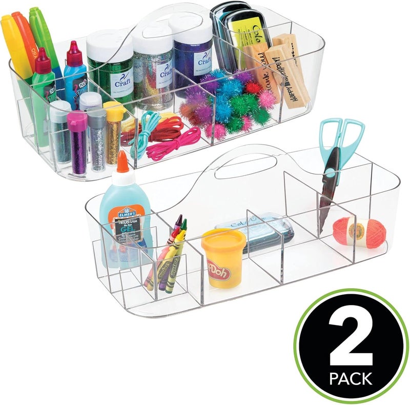mDesign Plastic Divided Art and Craft Storage Organizer Caddy Tote Bin with Handle for Home Office and Living Room - Holds Pencils, Crayons, Sewing Supplies - Lumiere Collection, 2 Pack, Clear - Image 2
