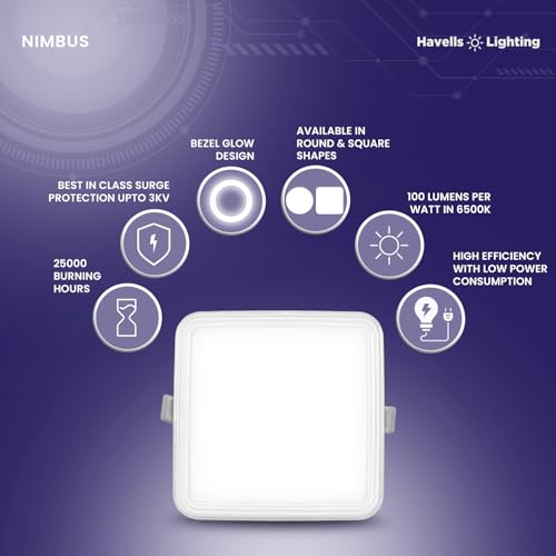 Havells Nimbus 5W LED Square Downlight for Ceiling|Cool White|Ultra Bright|Energy Efficient|Upto 3KV Surge Protection| Rim Lit for Enhanced Aesthetics|Suited for Low Ceiling|BIS Approved|Pack of 1 - Image 4