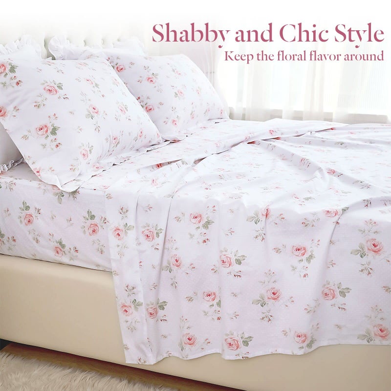 Lady Ann 100% Cotton Floral King Size Sheets Set Deep Pockets, Shabby Vintage Chic Printed Bed Sheets Rose Flower Pattern Cotton King Bedding 4-Piece Breathable Botanical Sheets - Image 3