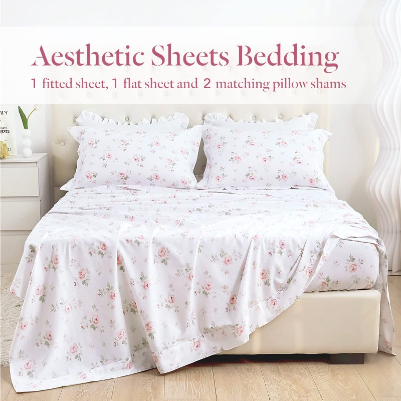 Lady Ann 100% Cotton Floral King Size Sheets Set Deep Pockets, Shabby Vintage Chic Printed Bed Sheets Rose Flower Pattern Cotton King Bedding 4-Piece Breathable Botanical Sheets - Image 2