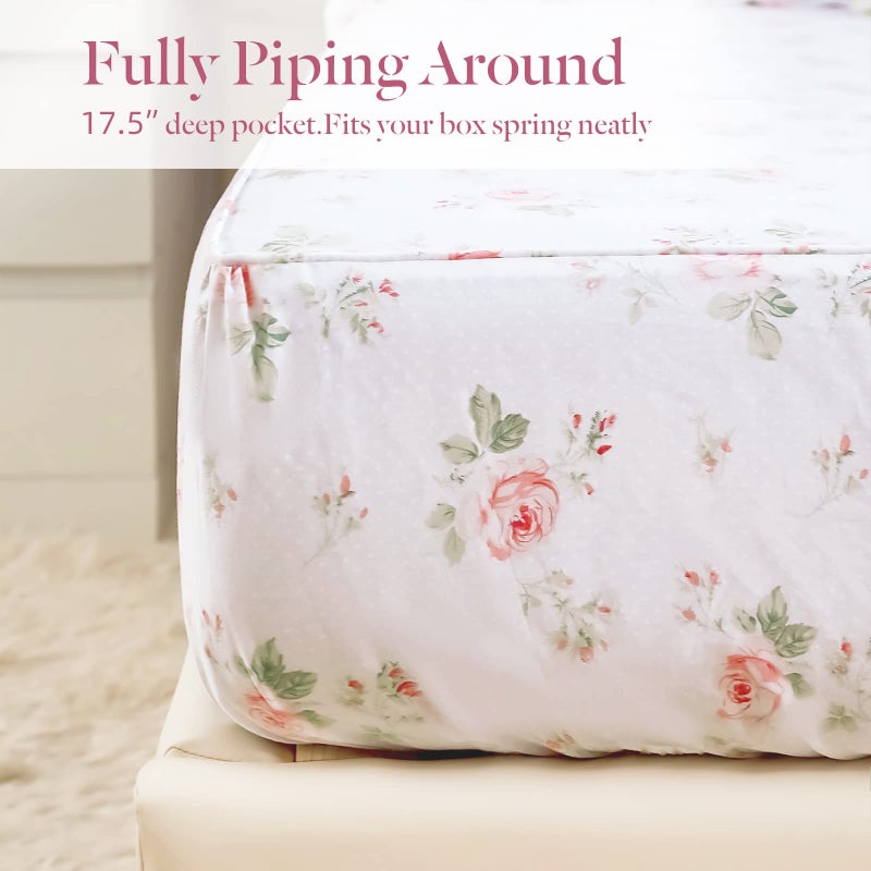 Lady Ann 100% Cotton Floral King Size Sheets Set Deep Pockets, Shabby Vintage Chic Printed Bed Sheets Rose Flower Pattern Cotton King Bedding 4-Piece Breathable Botanical Sheets - Image 4