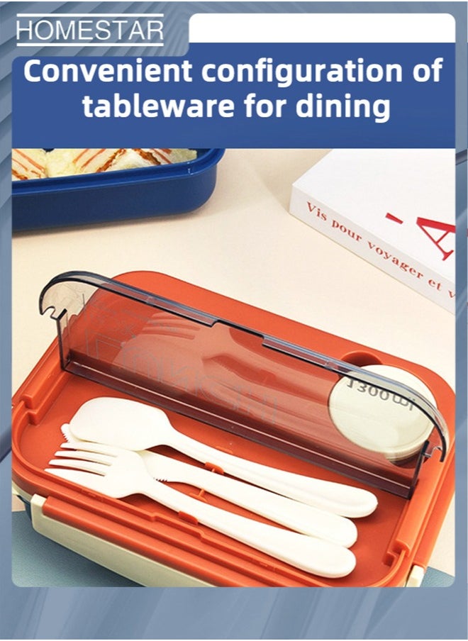 HOMESTAR - Plastic PP 4-Grids Lunch Box with Cutlery All-in-one Bento Box Food Container for Adults Students Orange/Blue - Image 1