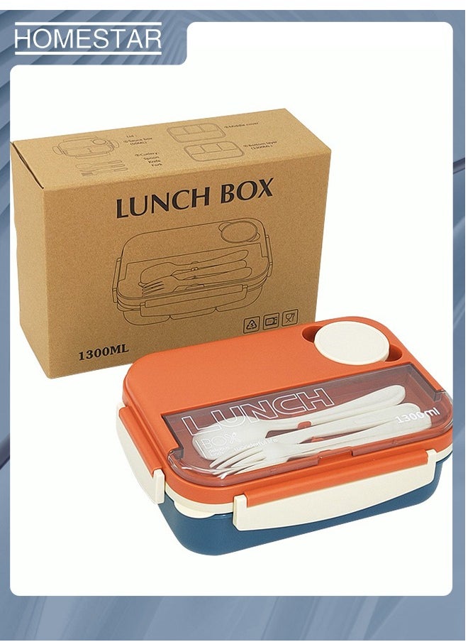 HOMESTAR - Plastic PP 4-Grids Lunch Box with Cutlery All-in-one Bento Box Food Container for Adults Students Orange/Blue - Image 1