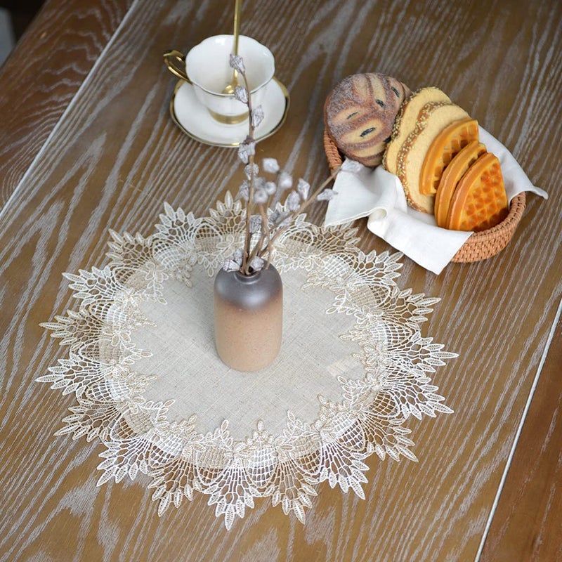 ARTABLE Grey Lace Doily Linen Table Topper Scarf Placemat Round Small Coffee Farmhouse Table Cover Rustic for Kitchen Home Dining (Stone Grey, 15 Inch Round) - Image 2