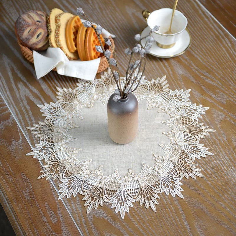 ARTABLE Grey Lace Doily Linen Table Topper Scarf Placemat Round Small Coffee Farmhouse Table Cover Rustic for Kitchen Home Dining (Stone Grey, 15 Inch Round) - Image 1