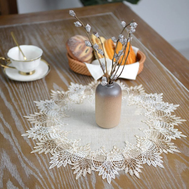 ARTABLE Grey Lace Doily Linen Table Topper Scarf Placemat Round Small Coffee Farmhouse Table Cover Rustic for Kitchen Home Dining (Stone Grey, 15 Inch Round) - Image 3