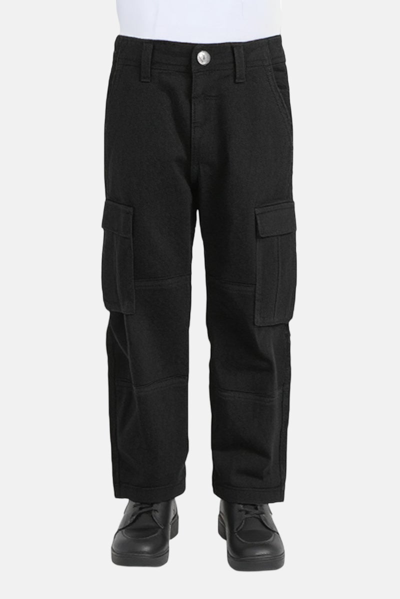 JACK & JONES Toddlers Boy Solid Stretchable Cargo Pants, Black - Image 1